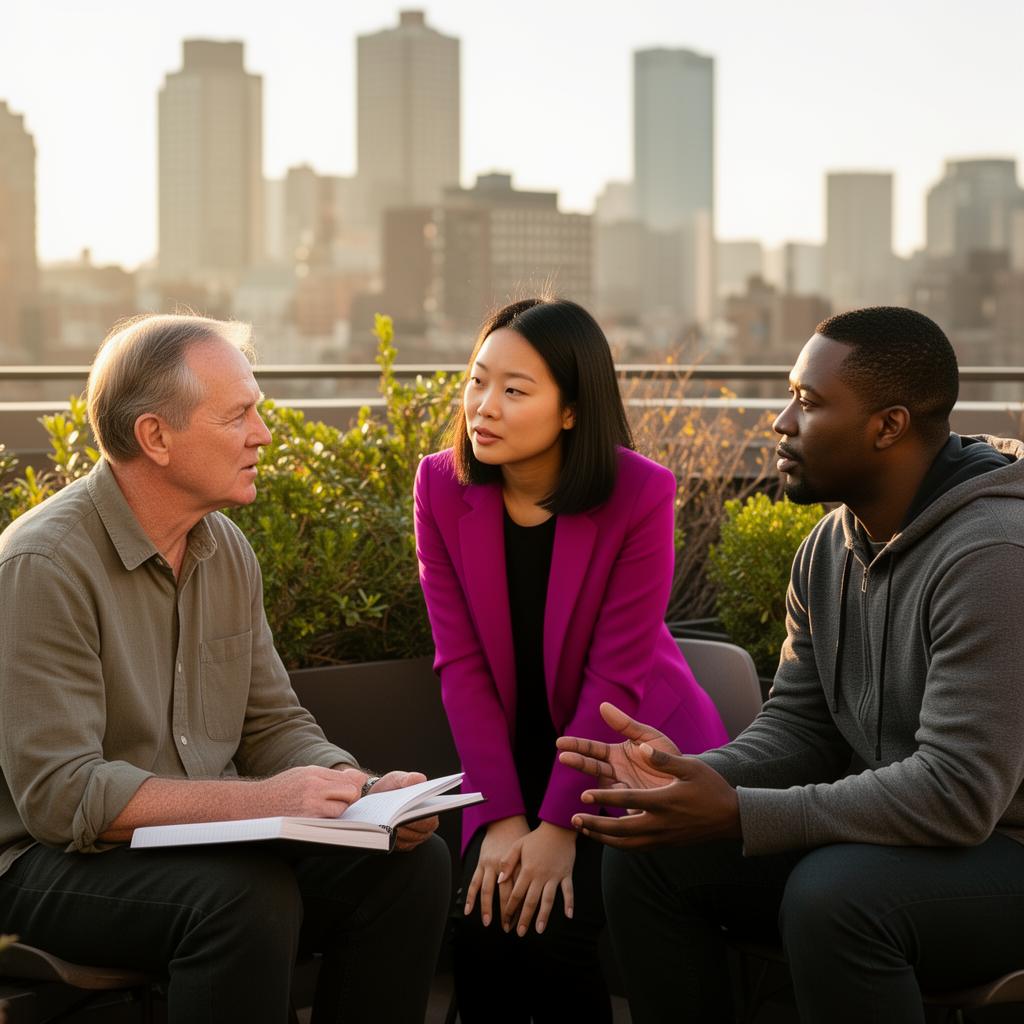 Three diverse professionals in deep conversation on a rooftop with city skyline behind them