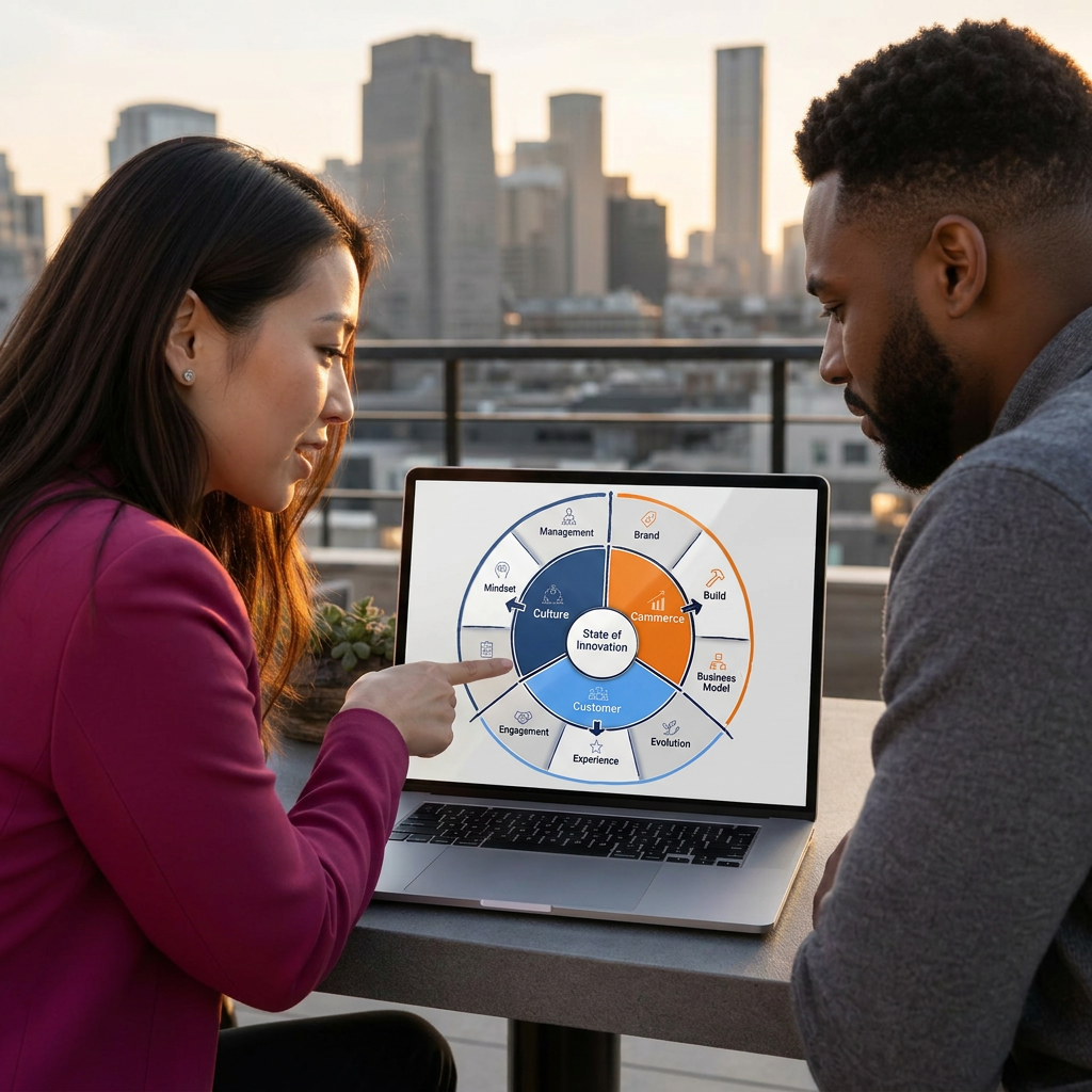 A leadership scorecard and diagnostic gauges showing innovation health