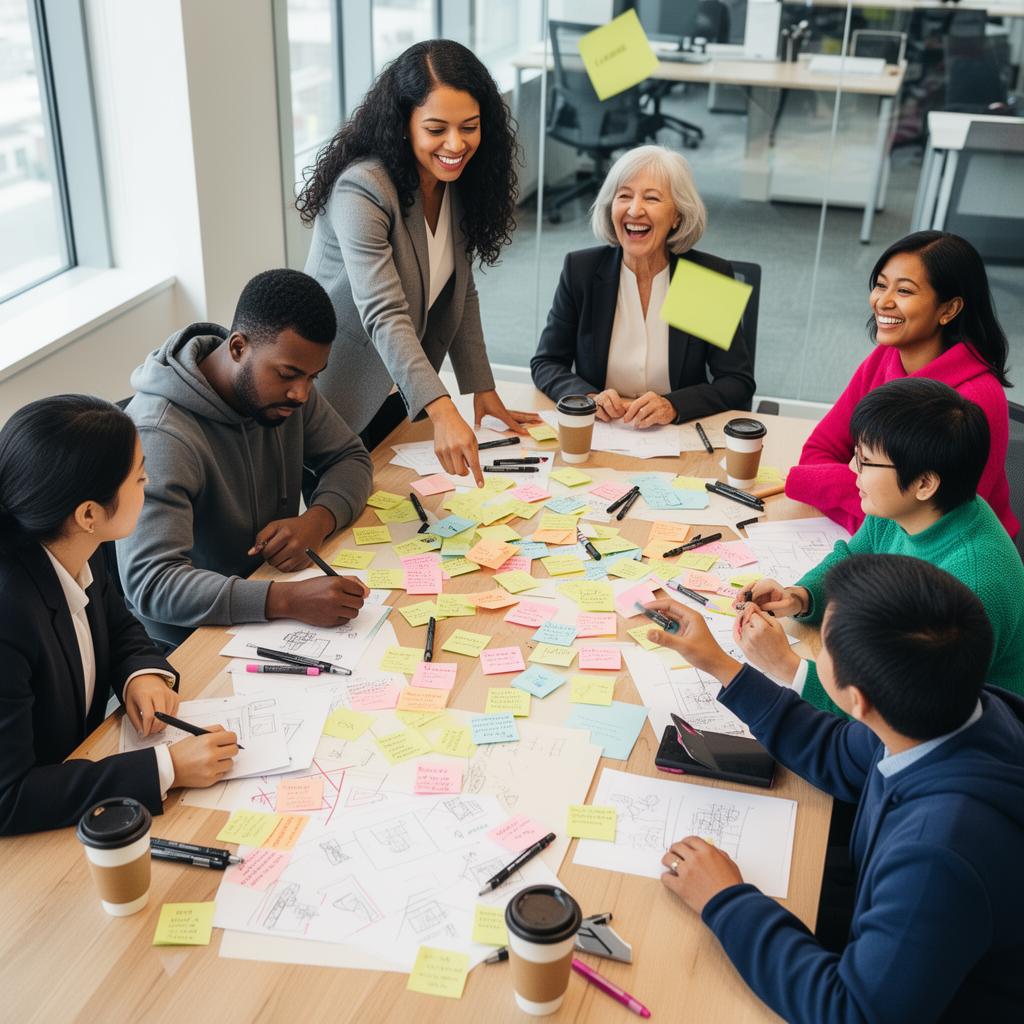 Diverse group around a table covered in sticky notes and markers in a modern office