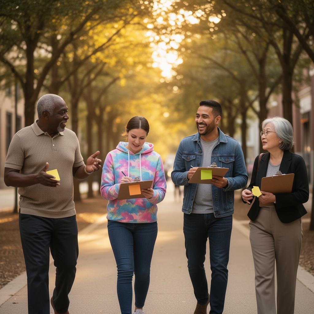 A diverse group of professionals on an outdoor walkshop with clipboards